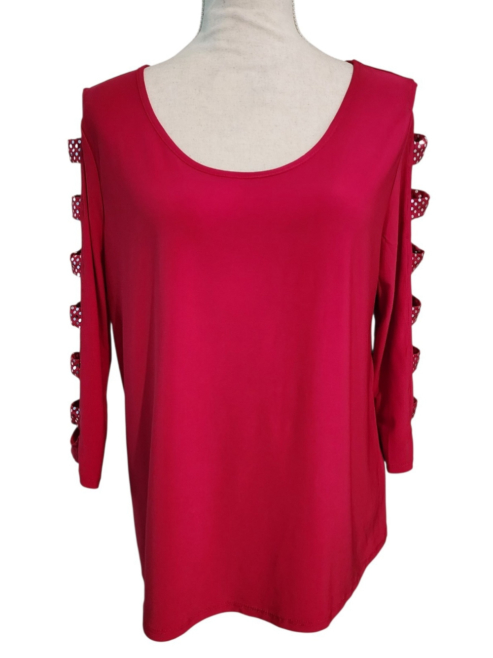Corvia Red Cold Shoulder Top M Cutout Sleeves Silver Polka Dots Accents Party